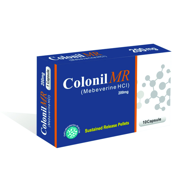 Colonil MR (Mebeverine Hydrochloride) capsules for IBS relief. Cell Laboratories