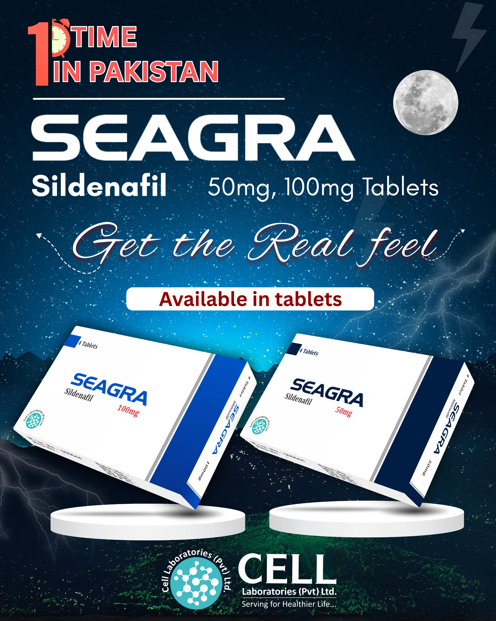 Seagra (Sildenafil) 50mg and 100mg oral tablets for erectile dysfunction. Cell Laboratories