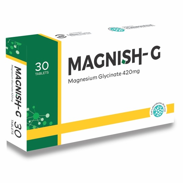 Magnish-G 420mg Magnesium Glycinate tablets for muscle cramps and better sleep. Cell laboratories